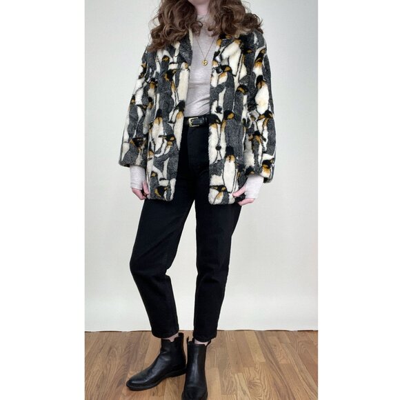 Vintage Novelty Print Penguin Pea Coat Faux Fur Teddy Jacket Oversized Peacoat - Picture 2 of 11